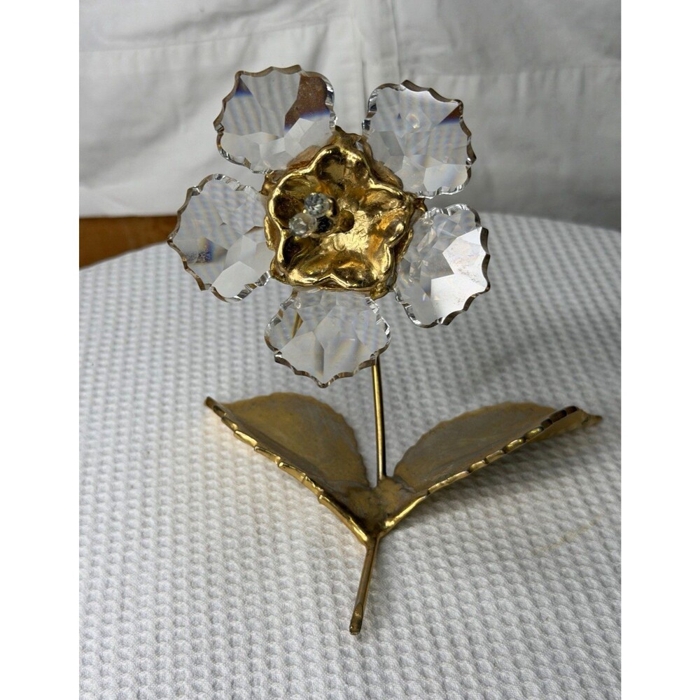 (Vintage)Jaru 1977 Gold Tone Metal & Clear Crystal Flower Figurine 9in Signed